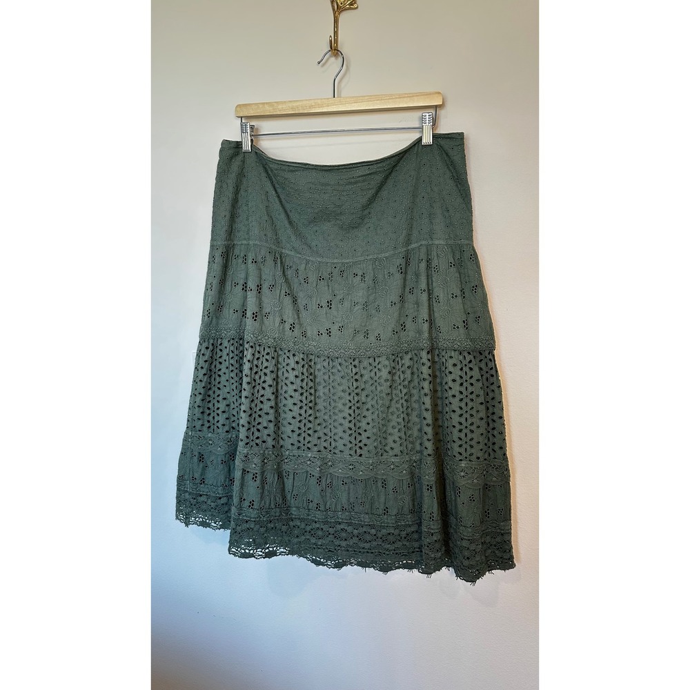 Chico's Eyelet Midi Skirt Womens 2 Green Cotton Tiered Boho Garden Peasant - Picture 3 of 9